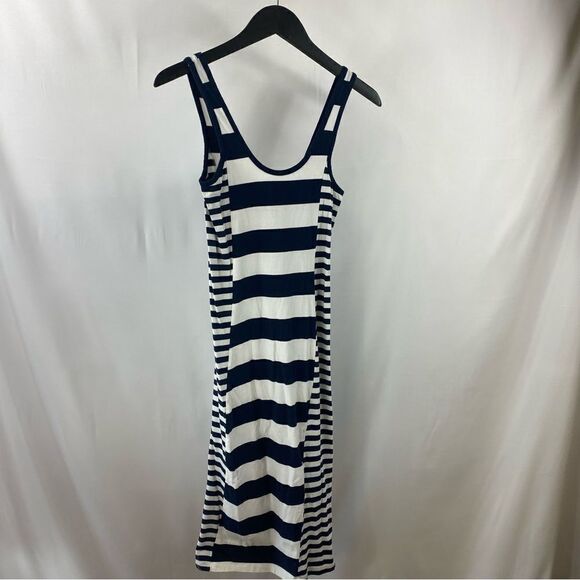 FRENCH CONNECTION Women NAVY BLUE & WHITE FUN STRIPED LONG MAXI DRESs Size 4 EUC - Picture 2 of 10